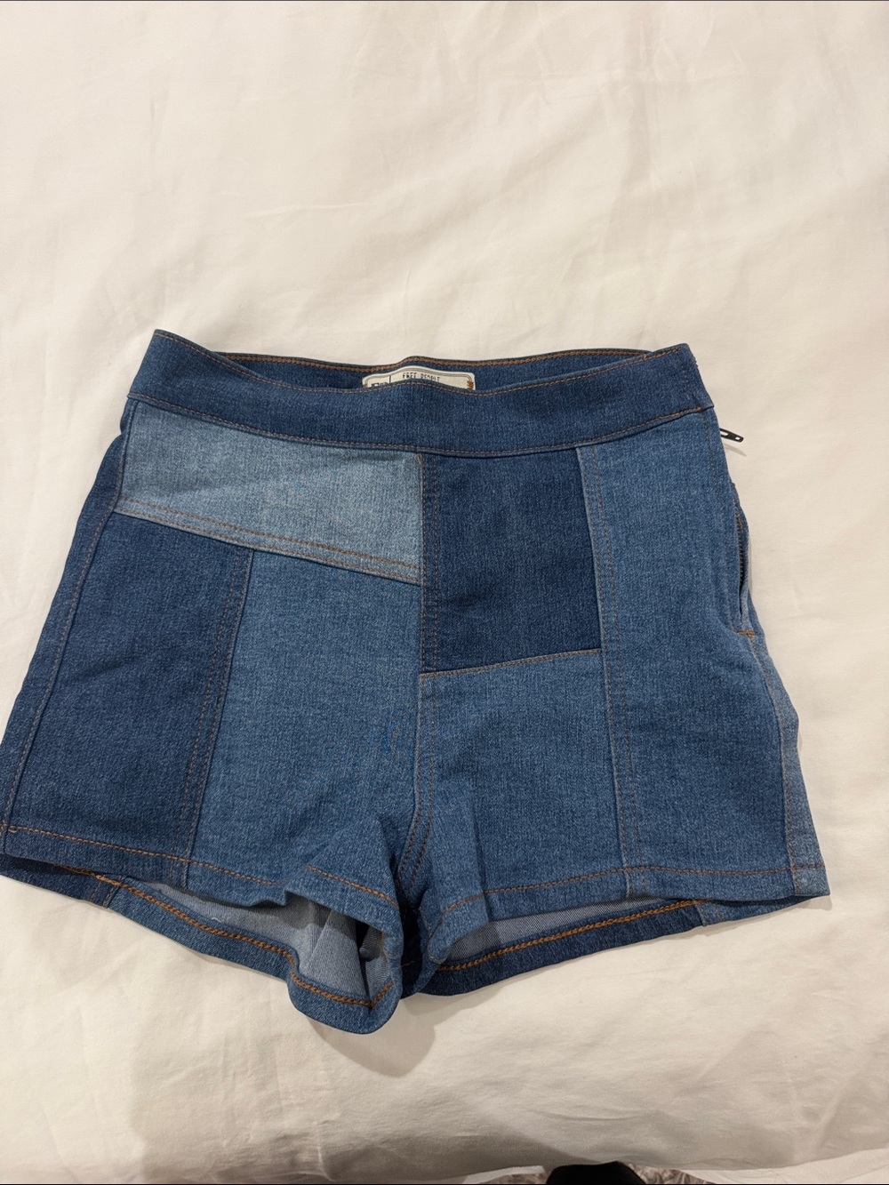 Free People Patchwork Denim Shorts in Multiple Blue Tones
